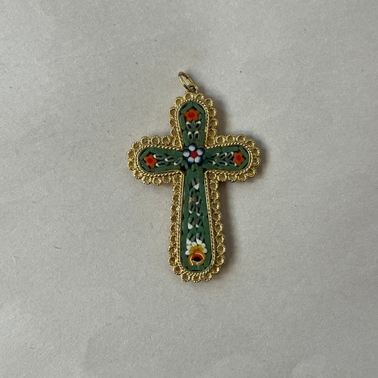 floral green mosaic cross pendant